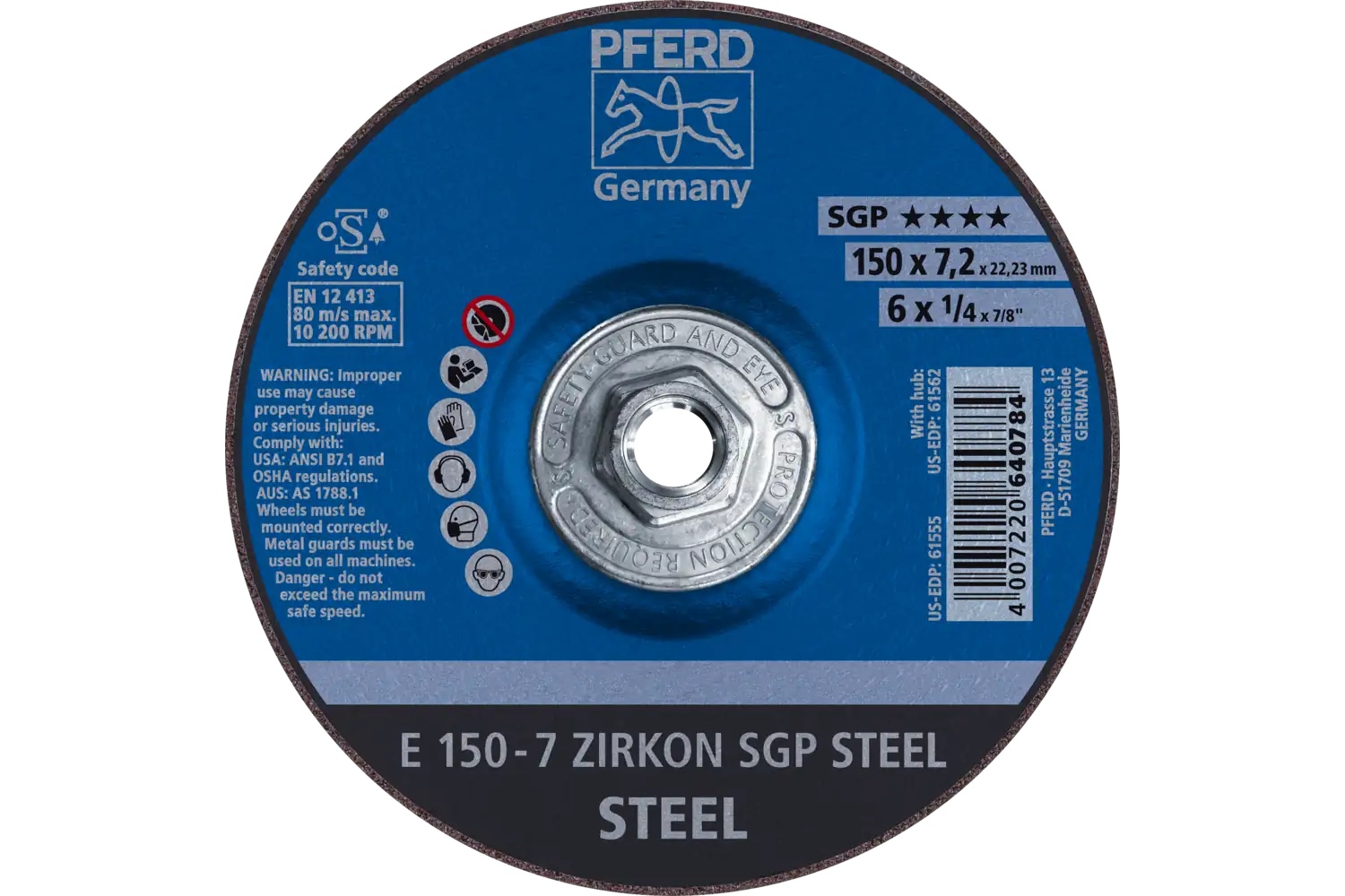 Picture of Pferd Grinding Wheel, 6" X 1/4 X 5/8-11, Sgp Zirkon Steel, T27, Ao, Sic